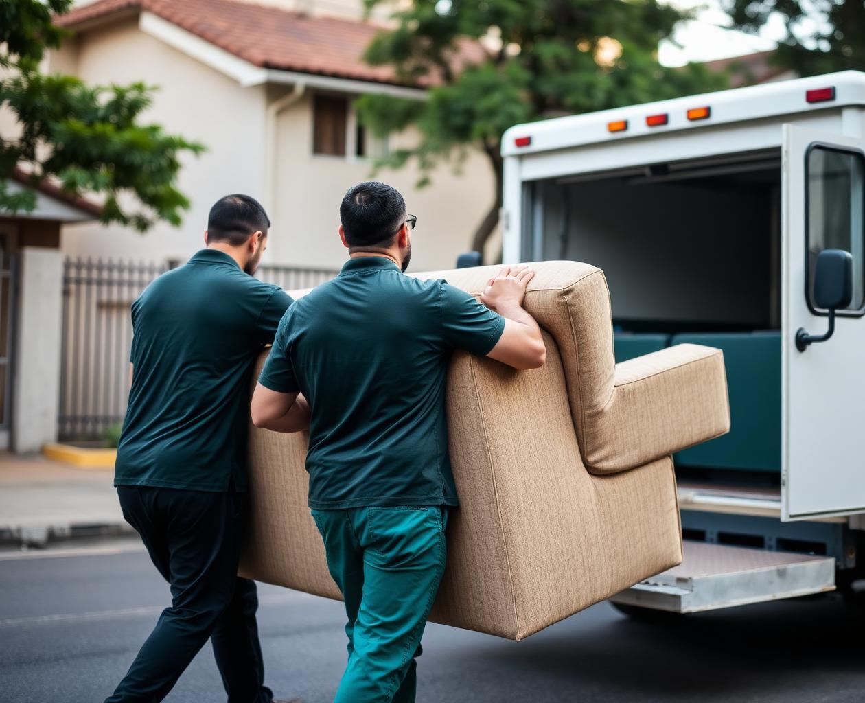 Equipe da Tira Tudo Já carregando um sofá para o caminhão de coleta em rua residencial de São Paulo