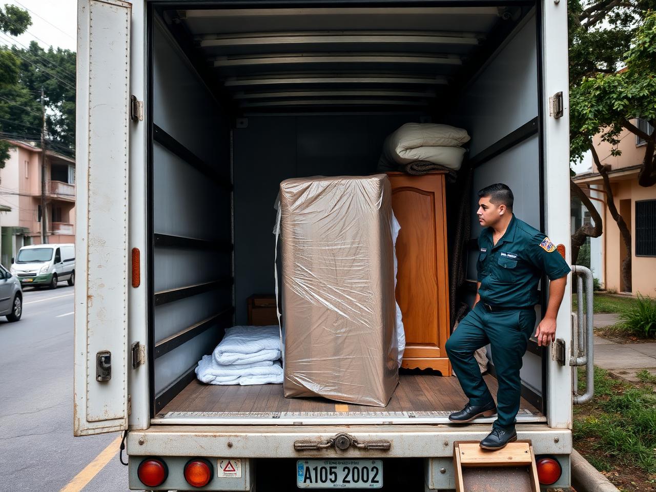 Caminhão da Tira Tudo Já carregado com geladeira embalada e guarda-roupa para descarte